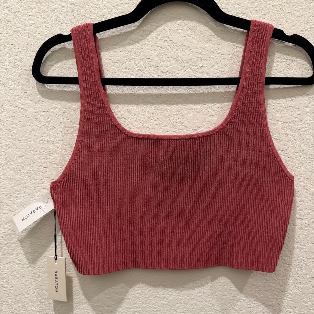 Babaton Sculpt Knit Cropped Tank Top Pink Ribbed Square Neck Large NWT
